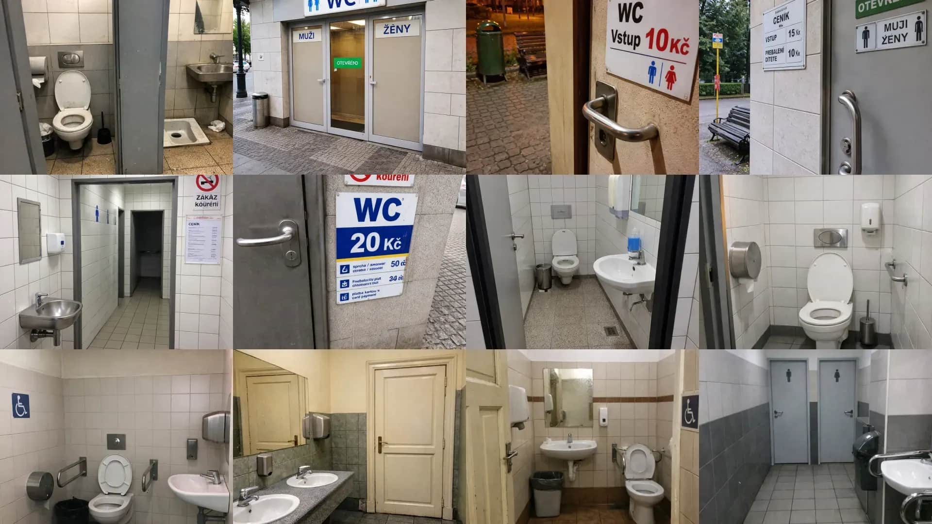 Collage of restroom photos from our Czech reviews